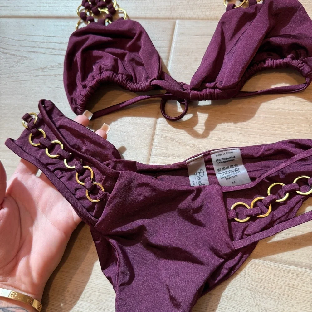 Beach Bunny Plum Triangle Bikini with Gold Chain Accents - Picture 4 of 5